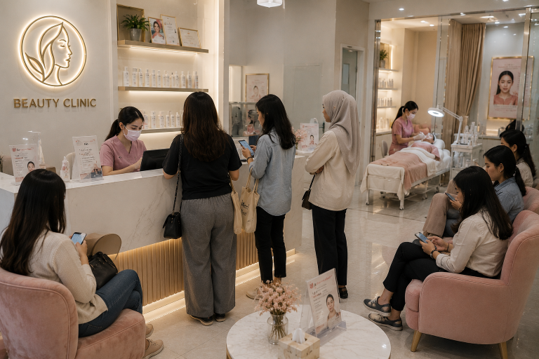 Busy aesthetic clinic with crowded waiting area and active treatment rooms